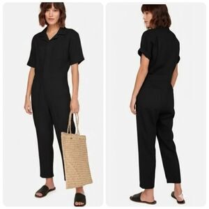 MATE The Label Linen Short Sleeve Button Front Utility Jumpsuit | Black | Medium